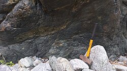 Outcrop of amphibole epidote variety of greenschist, Philippines