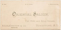 Business card for Tombstone's Oriental Saloon with the names of "W. Erp", "R. B. Clark", and "L. Rickenbaugh"