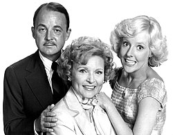 Cast photo from The Betty White Show of 1977, from left: John Hillerman as John Elliot, Betty White as Joyce Whitman, Georgia Engel as Mitzi Maloney