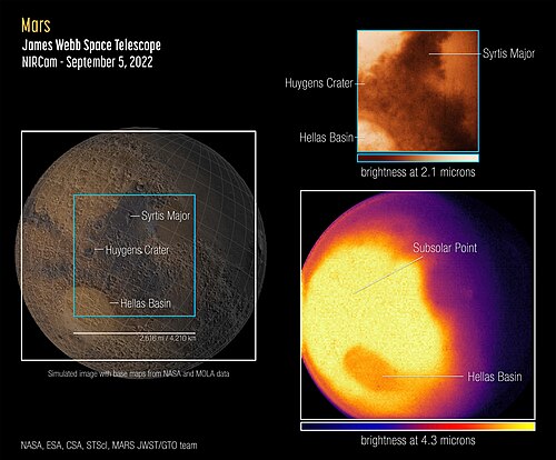 The James Webb Space Telescope captured its first images and spectra of Mars on 5 September 2022.[100]