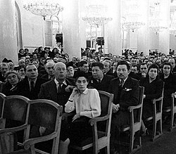 Sergei Prokofiev and his wife (front center) at the inauguration for the First All-Union Congress of Composers at the House of the Unions; 1 April 1948