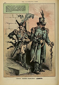 "Chronic Cronies----Harmlessly ARMED," a caricature of Norton (right) and Denis Kearney by George Frederick Keller published in The Wasp mocking them for the weapons they carried, December 6, 1879