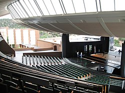 Interior of the Crosby Theater at the Santa Fe Opera, viewed from the mezzanine
