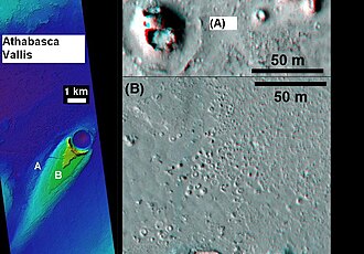 Cones in the Athabasca Valles as seen by HiRISE. Larger cones in upper image were produced when water/steam forced its way through thicker layer of lava. Difference between highest elevation (red) to lowest (dark blue) is 170 m (558 feet).