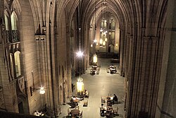 The 52 ft (16 m) high, half acre (2,000 m2) Commons Room of the Cathedral of Learning serves as a major study and event space for the university and its students.