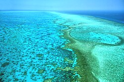 The Great Barrier Reef, which extends along most of Queensland's Coral Sea coastline