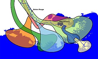 Delta lobe switching in the Mississippi River Delta, 4600 yrs BP, 3500 yrs BP, 2800 yrs BP, 1000 yrs BP, 300 yrs BP, 500 yrs BP,× current