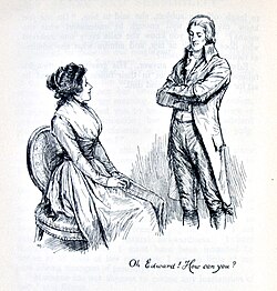"Oh Edward! How can you?", a late-19th-century illustration from Sense and Sensibility (1811) by Jane Austen, a pioneer of the genre