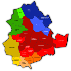 A map of the Pirkanmaa, the regional province (maakunta) in Finland, with the different colored sub-regions