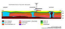 Geological cross section through the Northwestern Basin of Germany (Ostfriesland-Nordheide). Salt domes have penetrated younger layers and moved near to the surface. They sometimes form pockets where petroleum and natural gas can collect. Excavated salt domes are also used for underground storage.
