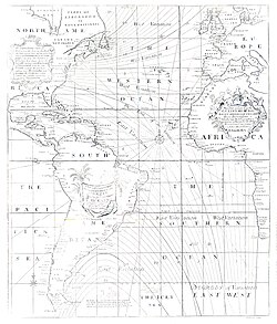 Halley's 1701 map showing isogonic lines of equal magnetic declination in the Atlantic Ocean.