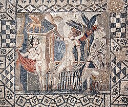 Mosaic depicting Diana and her nymph surprised by Actaeon.Mosaic, 2nd century CE Ruins of Volubilis, Morocco