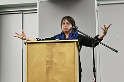 Moraga speaking in 2000