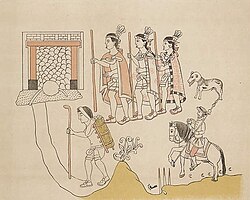 Depiction of a Spaniard entering Chalco with three Tlaxcalan soldiers and an Indigenous porter in the Lienzo de Tlaxcala (pre-1585)