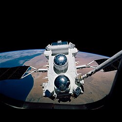 The Compton Gamma Ray Observatory released into orbit by the Space Shuttle in 1991