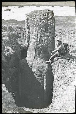 Petroglyphs on the back of an excavated moai.