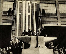 Benito Mussolini giving a speech at the Fiat Lingotto factory in Turin, 1932