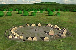 Artist's conception of the Fort Ancient culture SunWatch Indian Village in present-day Dayton, Ohio