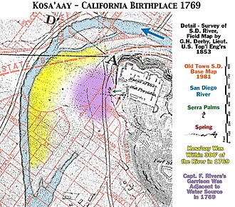 Location of the Kumeyaay village of Kosa'aay in yellow.