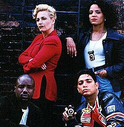 The principal cast members from season 2 of New York Undercover (clockwise, from top left): Patti D'Arbanville-Quinn as Virginia Cooper, Lauren Vélez as Nina Moreno, Michael DeLorenzo as Eddie Torres, and Malik Yoba as J.C. Williams.