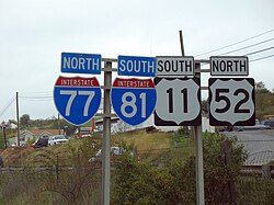 The shields for Interstate highways (left) and U.S. routes (right) can be seen on this set of reassurance markers in Southwest Virginia indicating two sets of wrong-way concurrencies