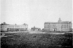 Miner Hall (left) and Main Hall in 1868.[2] Miner Hall was the site of Alpha Kappa Alpha's founding on January 15, 1908.[3] The building was demolished in 1961.[4]