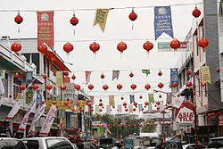 Lanterns hung around Senapelan street, the Pekanbaru Chinatown in Riau, Indonesia