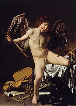 Amor Vincit Omnia (Love Conquers All), a depiction of the god of love, Eros. By Michelangelo Merisi da Caravaggio, circa 1601–1602.