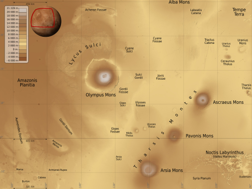 Topographic map centered on Olympus and Tharsis
