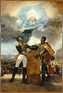 Pétion and Dessalines swearing allegiance to each other before God; painting by Guillon-Lethière