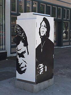 Traffic box public art commissioned to be painted by Ms. Robbie Pitts Bellamy in tribute to Brown in 2015