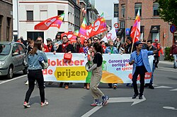 Members of the Workers' Party of Belgium (PVDA/PTB) during a Labour Day march in 2022.