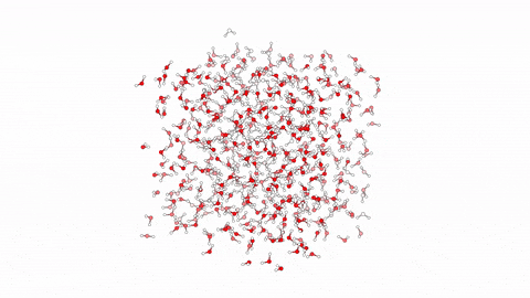 Molecular dynamics simulations are often used to study biophysical systems. Depicted here is a 100 ps simulation of water.