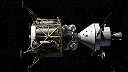 An artist's rendering of the lunar module (left) and Orion spacecraft envisioned during the Constellation program