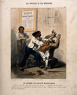 Drawing of a medical treatment using magnetic brushes. Charles Jacque 1843, France.