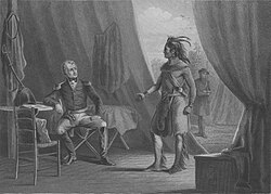 A depiction of Red Eagle's surrender to Andrew Jackson after the Battle of Horseshoe Bend. Jackson was so impressed with Weatherford's boldness that he let him go.
