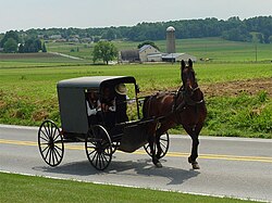 An Amish family riding in a traditional Amish buggy in Lancaster County. As of 2024, Pennsylvania has an Amish population of 92,660, the largest of any state in the nation.