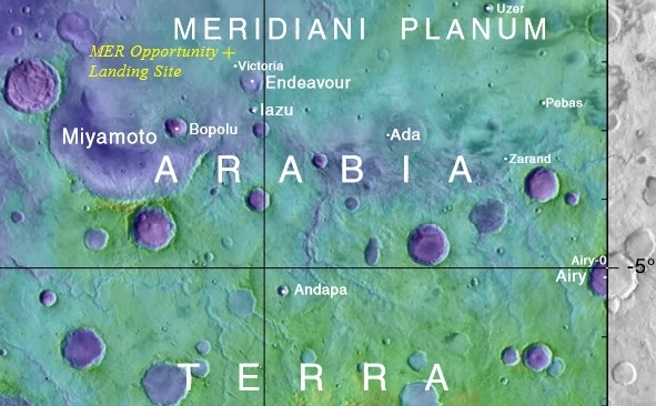 Annotated elevation map of Opportunity landing site and some surrounding craters including Endeavour and Airy. The prime meridian is the right-hand edge of the coloured part of this image, Airy-0 is just below 5°S.