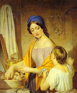 Young Housewife, oil painting on canvas by Alexey Tyranov, currently housed at the Russian Museum in St Petersburg, Russia (1840s)