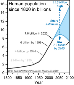 World population since 1800 in billions. Data from the United Nations projections in 2019.