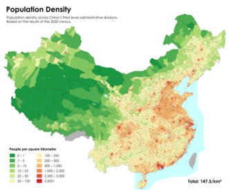 Map of China's population density across third-level administrative divisions. Based on the results of the 2020 census.