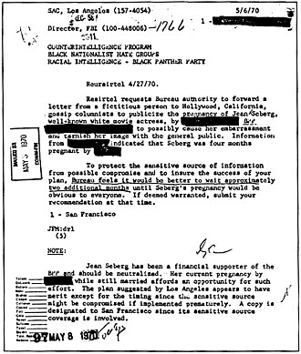 COINTELPRO document outlining the FBI's plans to 'neutralize' Jean Seberg for her support for the Black Panther Party, by attempting to publicly "cause her embarrassment" and "tarnish her image".