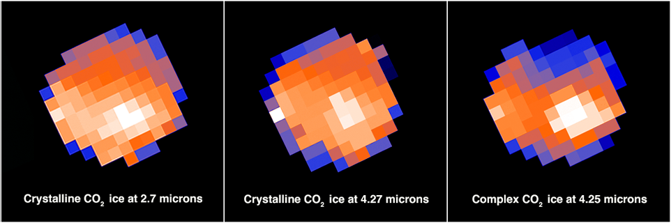 A series of images of Europa in different wavelengths by the James Webb Space Telescope. The different wavelengths show the presence of different forms of carbon dioxide on Europa.