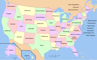 A map of the United States of America showing its fifty constituent states and the District of Columbia