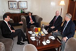 Secretary of State John Kerry meets with Senators John McCain, Lindsey Graham and John Barrasso in Jerusalem on January 3, 2014