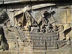 Ancient Javanese vessel depicted in Borobudur. In 990 King Dharmawangsa launched a naval attack against Srivijaya in Sumatra, the hostility between two kingdoms has led to the collapse of Mataram kingdom.