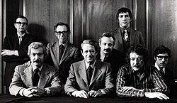 The editorial board of Playboy in 1970. Back, left to right: Robie Macauley, Nat Lehrman, Richard M. Koff, Murray Fisher, Arthur Kretchmer; front: Sheldon Wax, Auguste Comte Spectorsky, Jack Kessie.