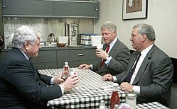 Menino with Senator Ted Kennedy and President Bill Clinton at Mike's City Diner in Boston on January 18, 2001
