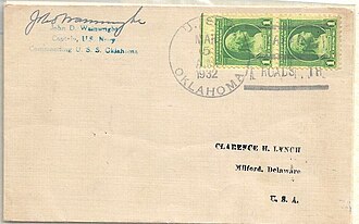 Cover mailed from USS Oklahoma, signed by Admiral John Wainwright, US Navy, postmarked 5 March 1932