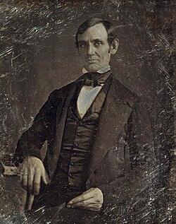 Abraham Lincoln in his late 30s as a Whig member of the U.S. House of Representatives, when he opposed the Mexican–American War. The photo was taken by one of Lincoln's law students around 1846.